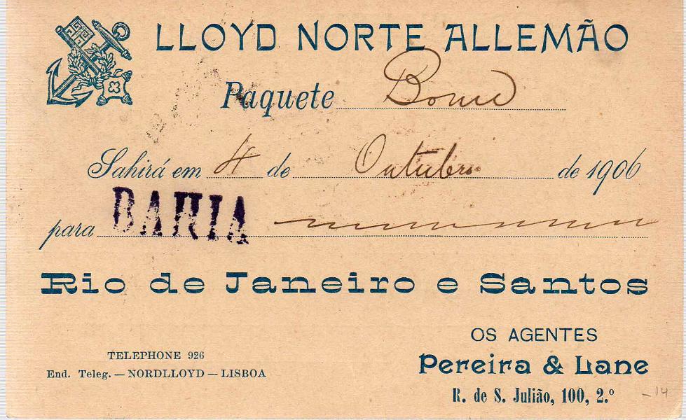 0204 v.jpg -     Lote:    204 (verso)            Portugal       Descrição:         1907 &mdash; D. Carlos I Mouchon. OM42, 10 reis. Circulado em Lisboa (22.10.07). Repicado no verso por: LLOYD NORTE ALLEMÃO. MB.        IC       Valor Base:     &euro; 15,00     Valor Venda:     &euro; 15,00     